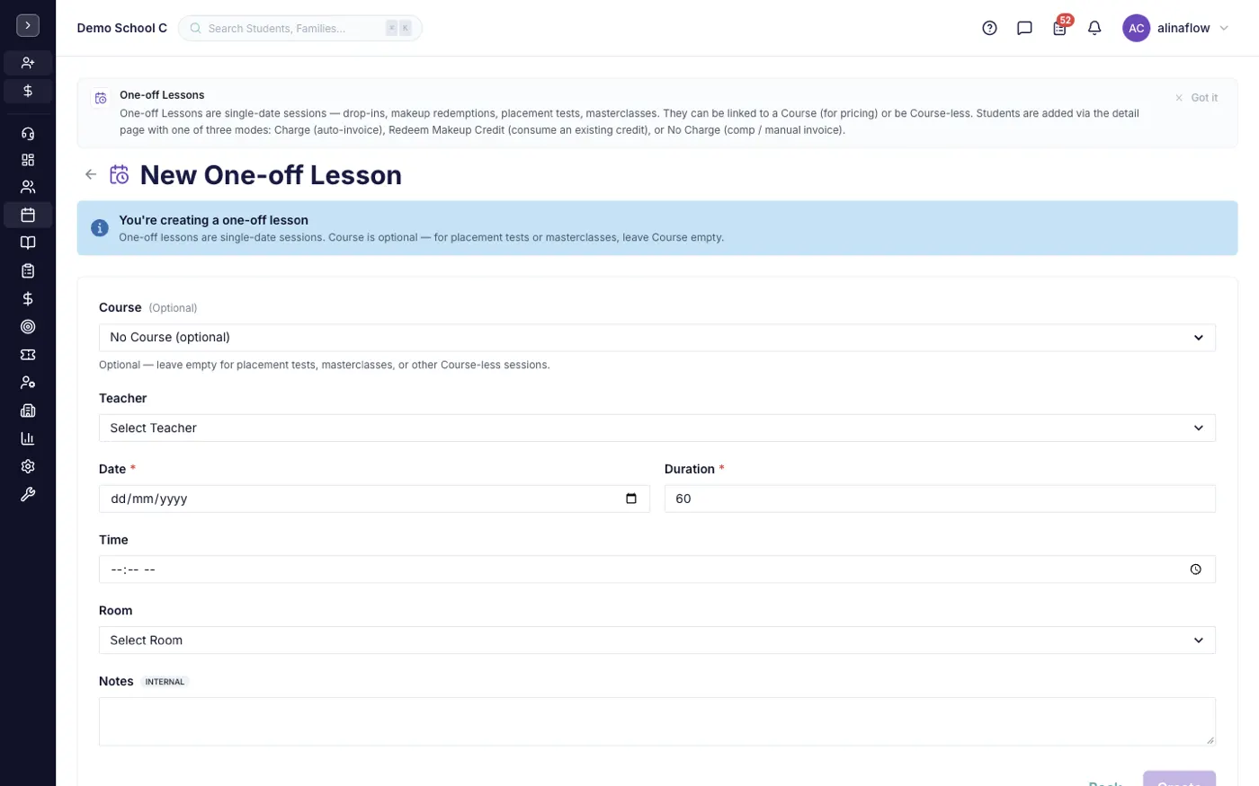 The new one-off lesson form