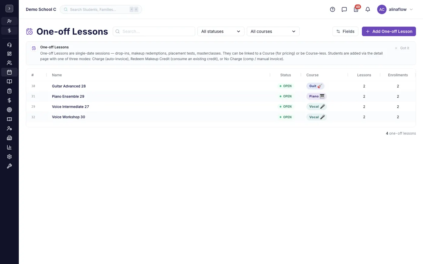 The One-off lessons screen in alinaflow