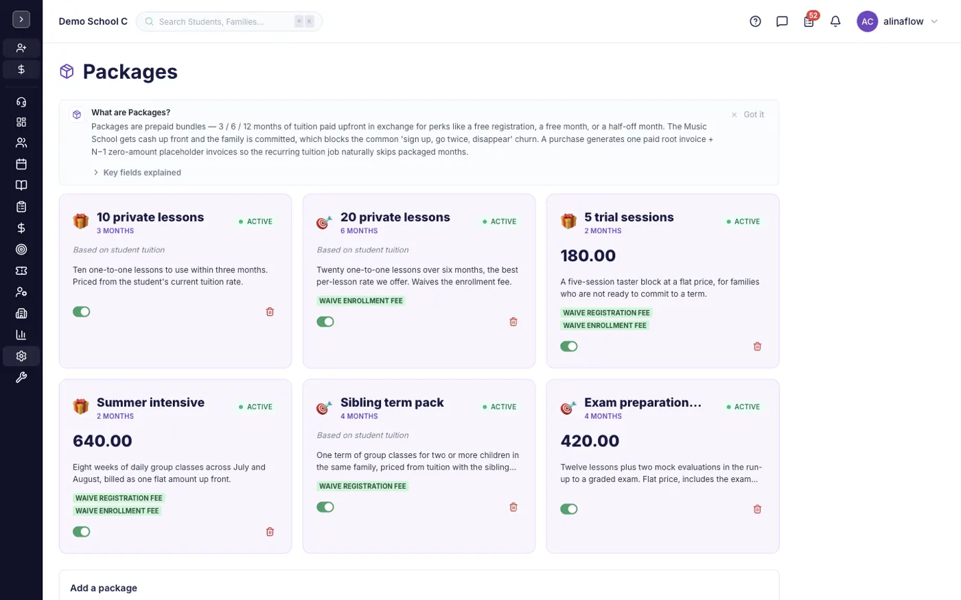 The Packages screen in alinaflow