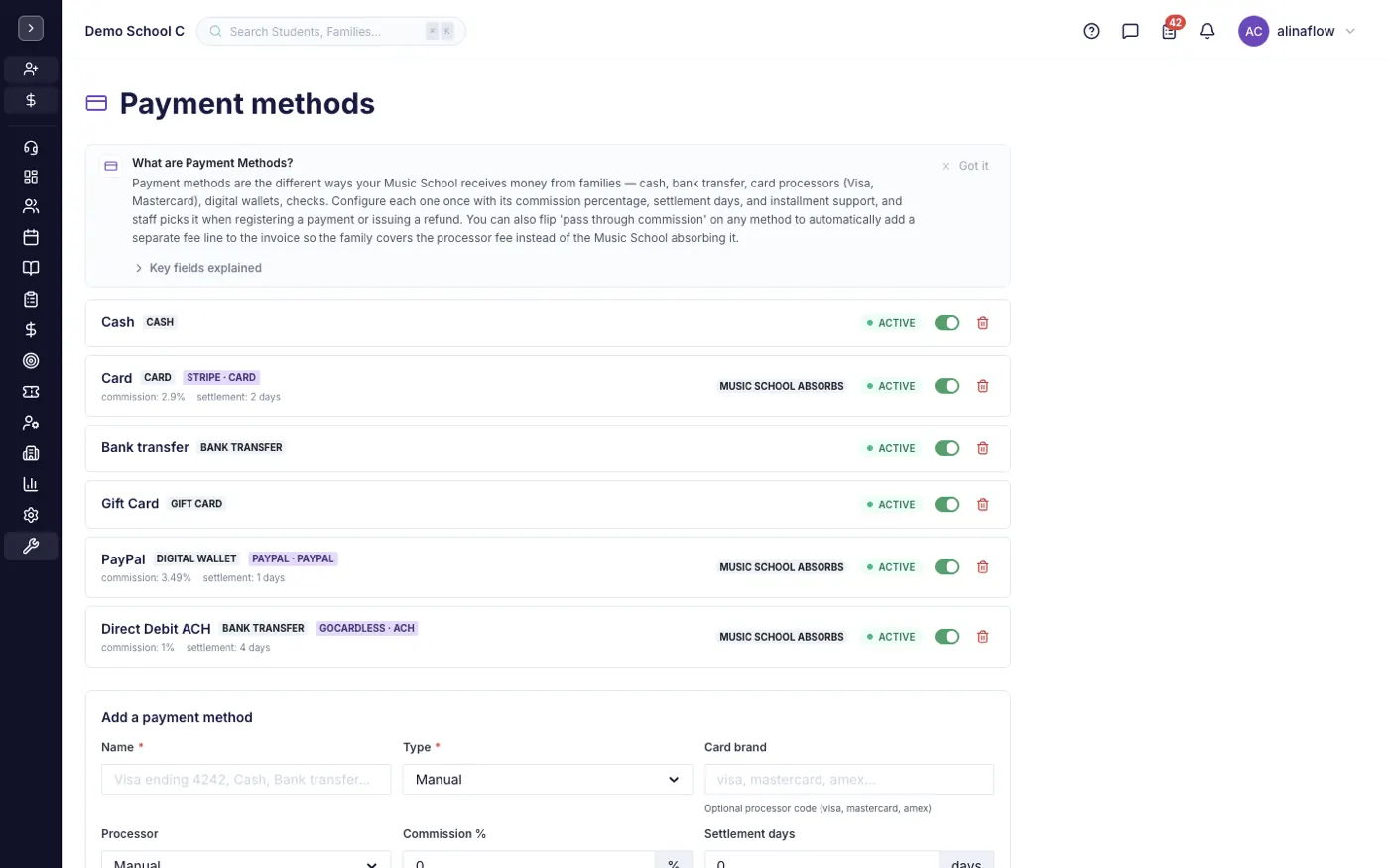 The Payment Methods screen in alinaflow