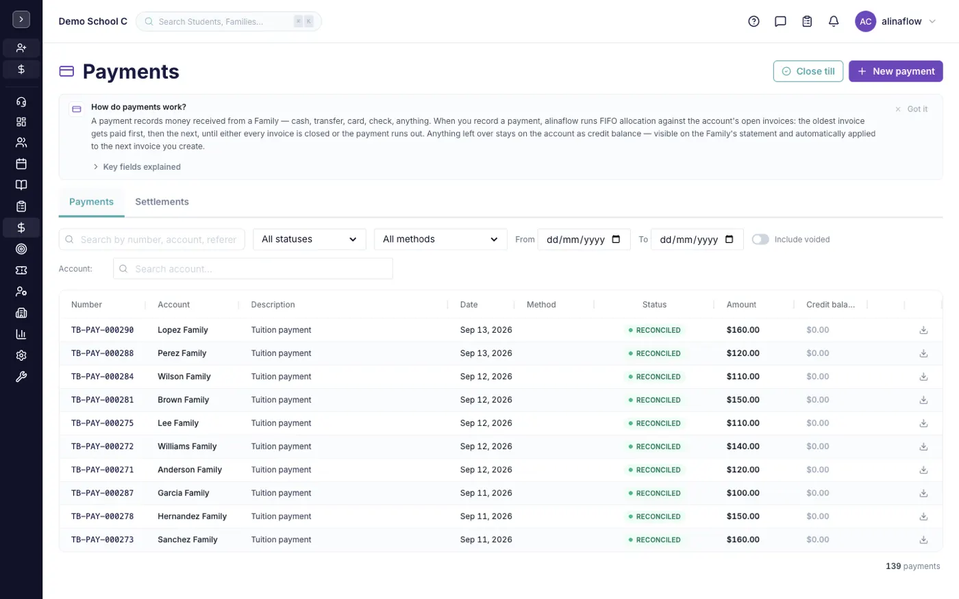 The Payments screen in alinaflow