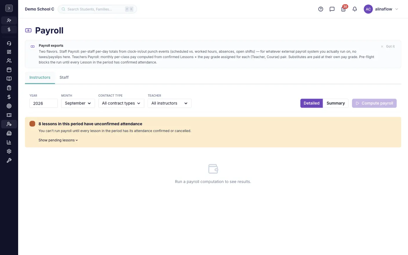 The Payroll screen in alinaflow