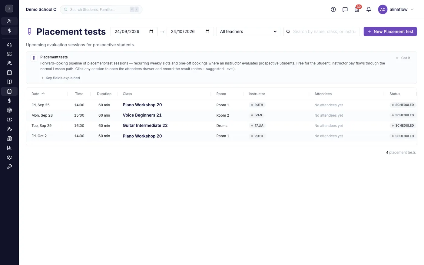 The Placement Tests screen in alinaflow