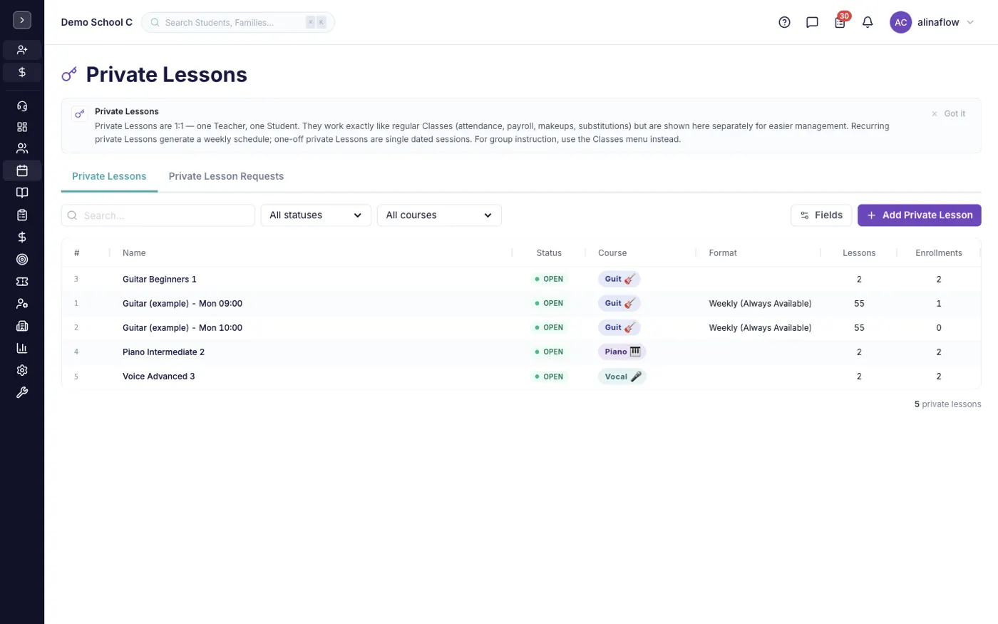 The Private lessons screen in alinaflow