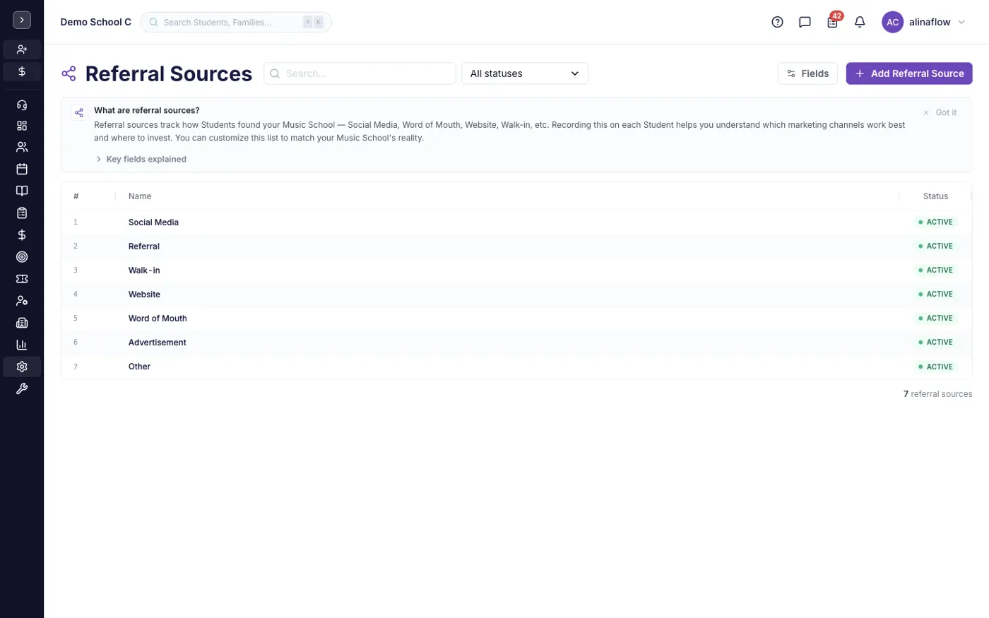 The Referral Sources screen in alinaflow