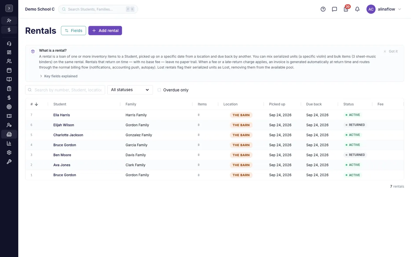 The Rentals screen in alinaflow