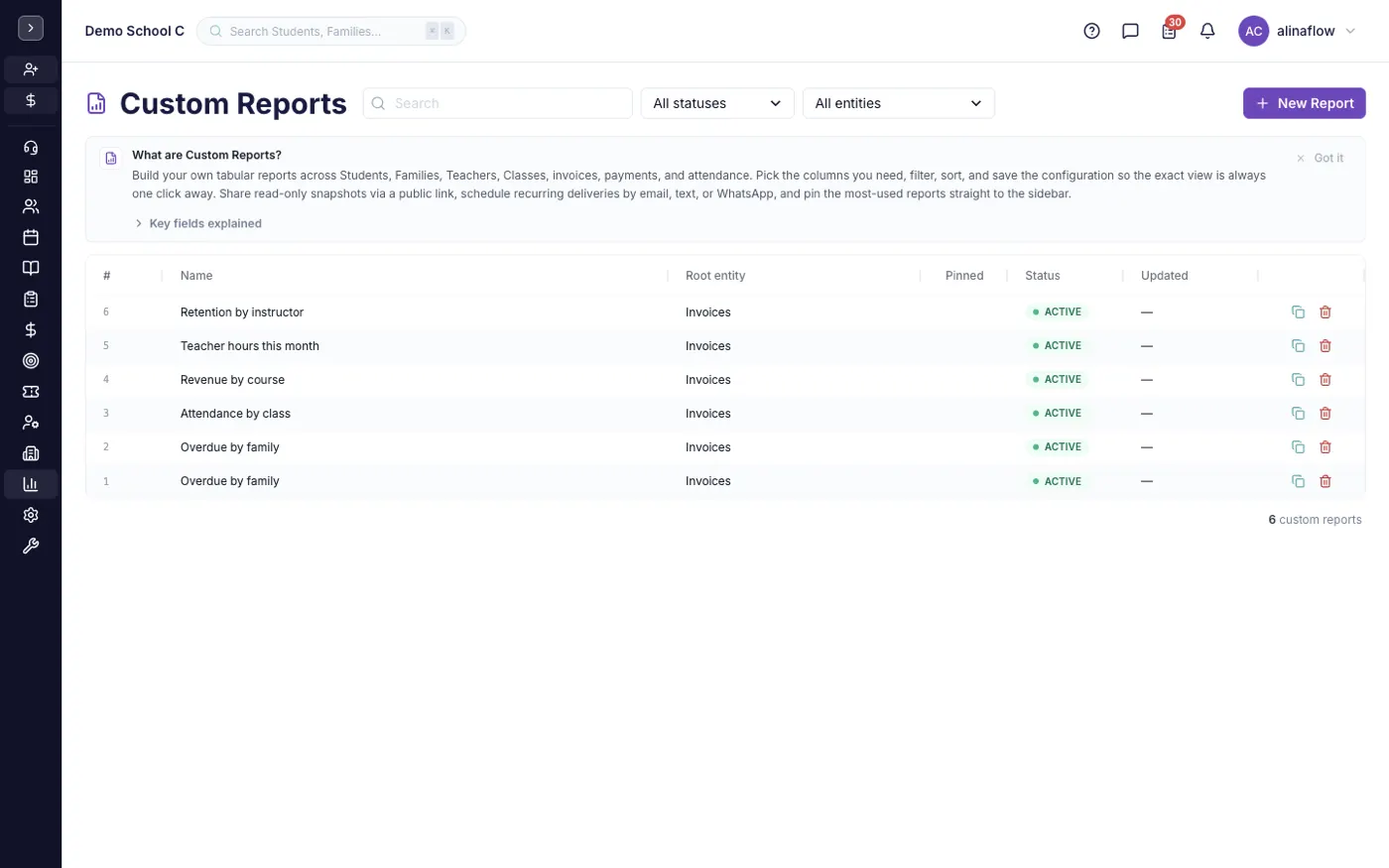 The Custom Reports screen in alinaflow