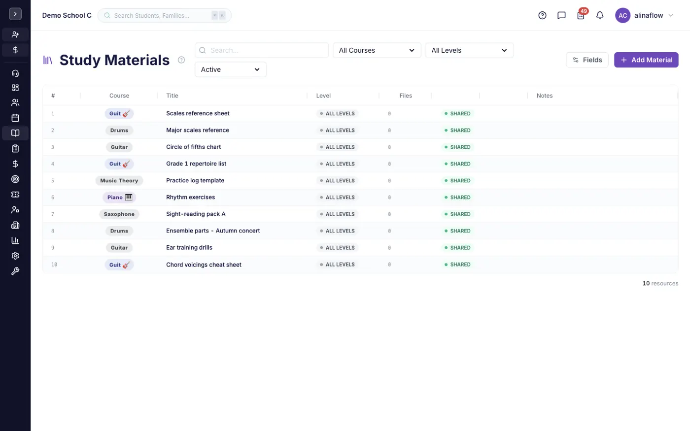 The Study Materials screen in alinaflow