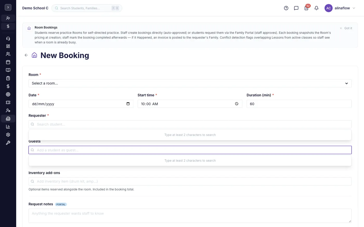 The new room booking form