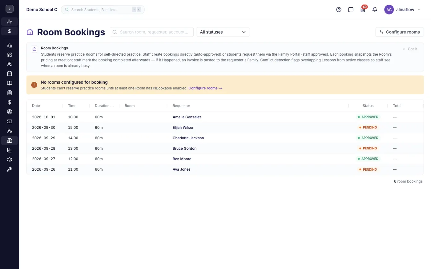 The Room Bookings screen in alinaflow