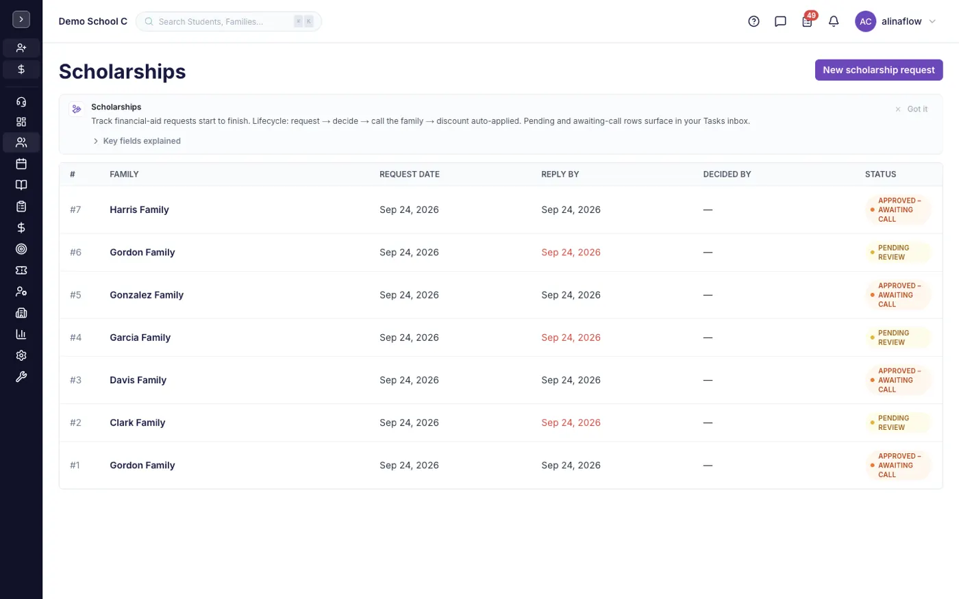 The Scholarships screen in alinaflow