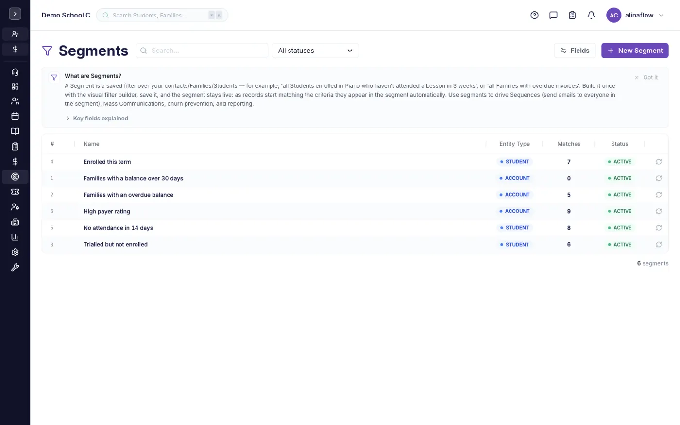 The Segments screen in alinaflow