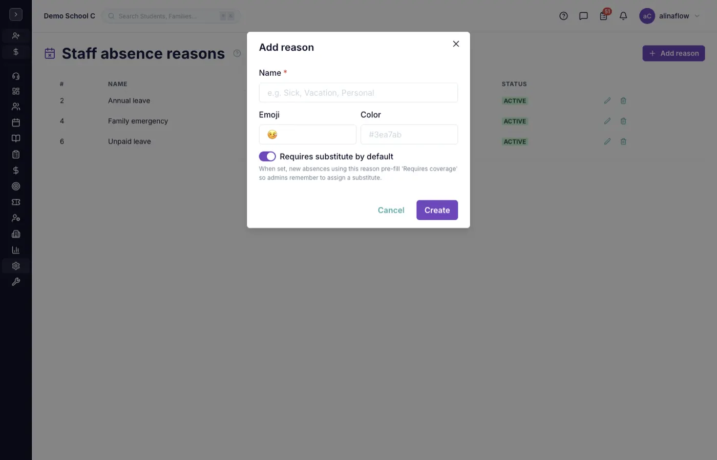 Add reason tab