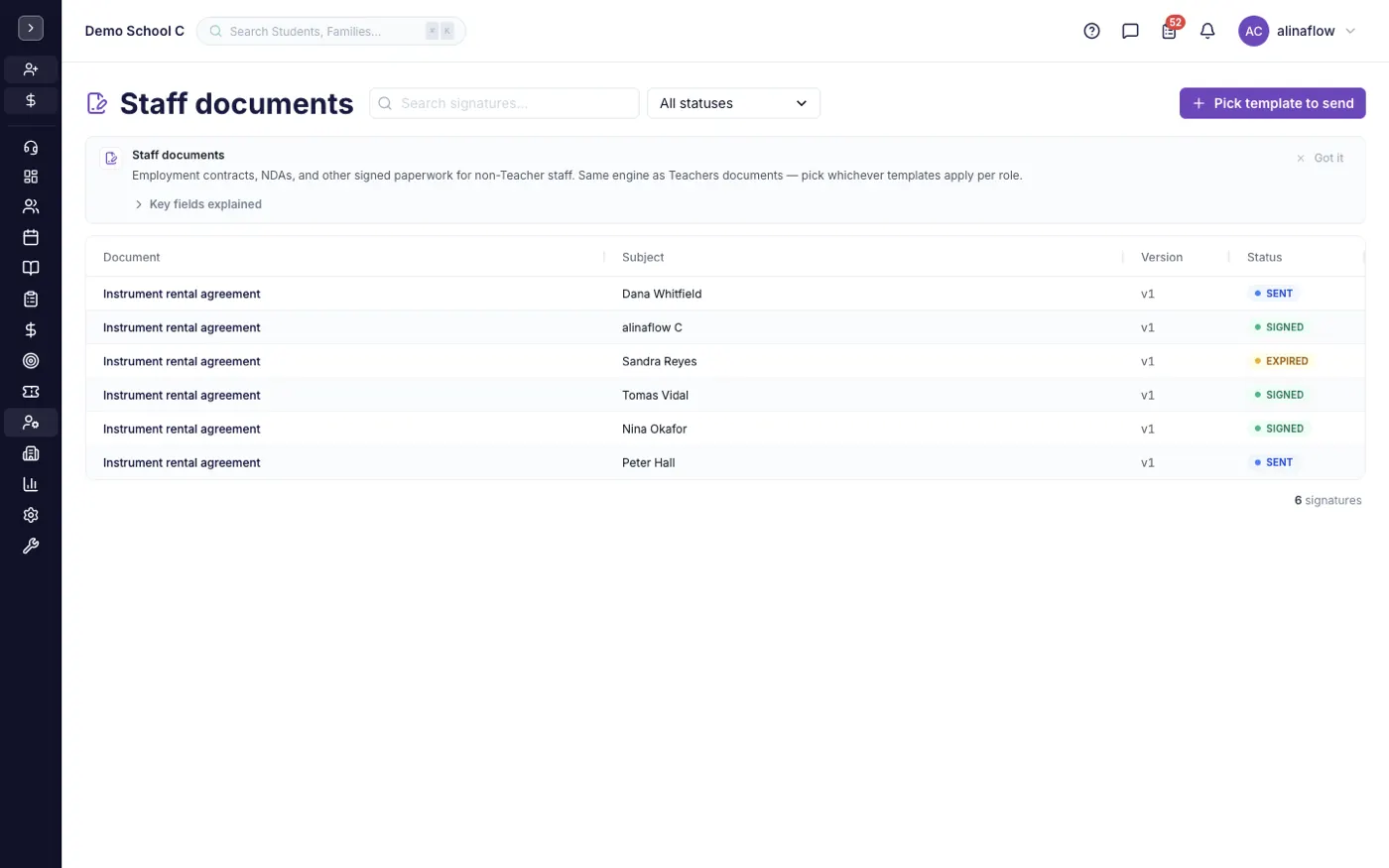 The Staff Documents screen in alinaflow
