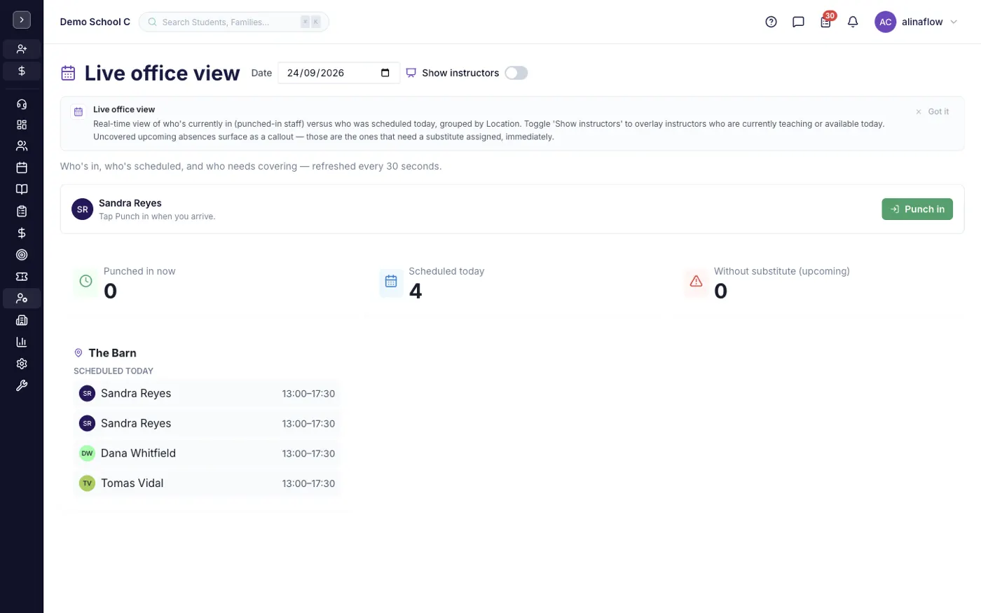 The Schedule screen in alinaflow
