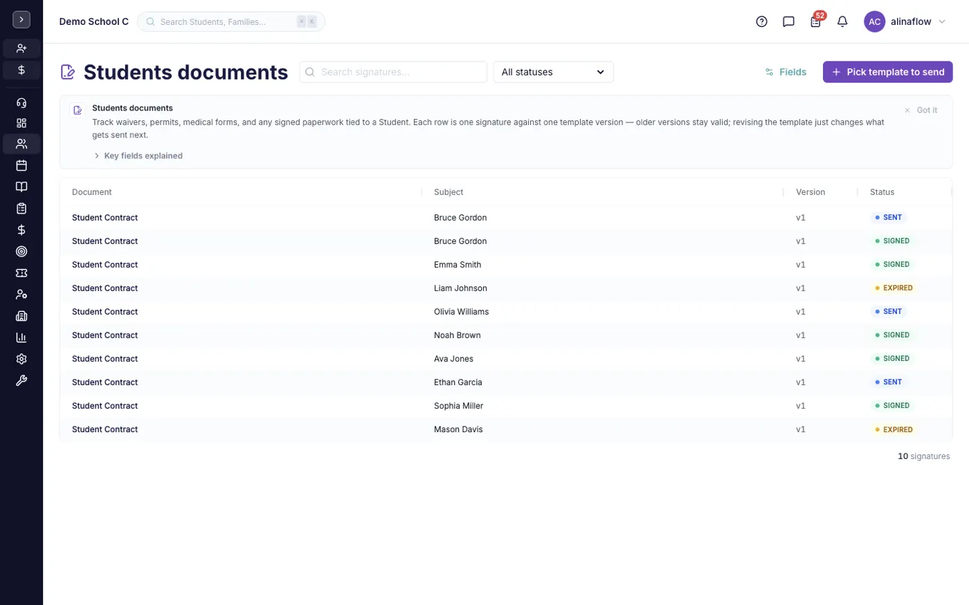 The Documents screen in alinaflow