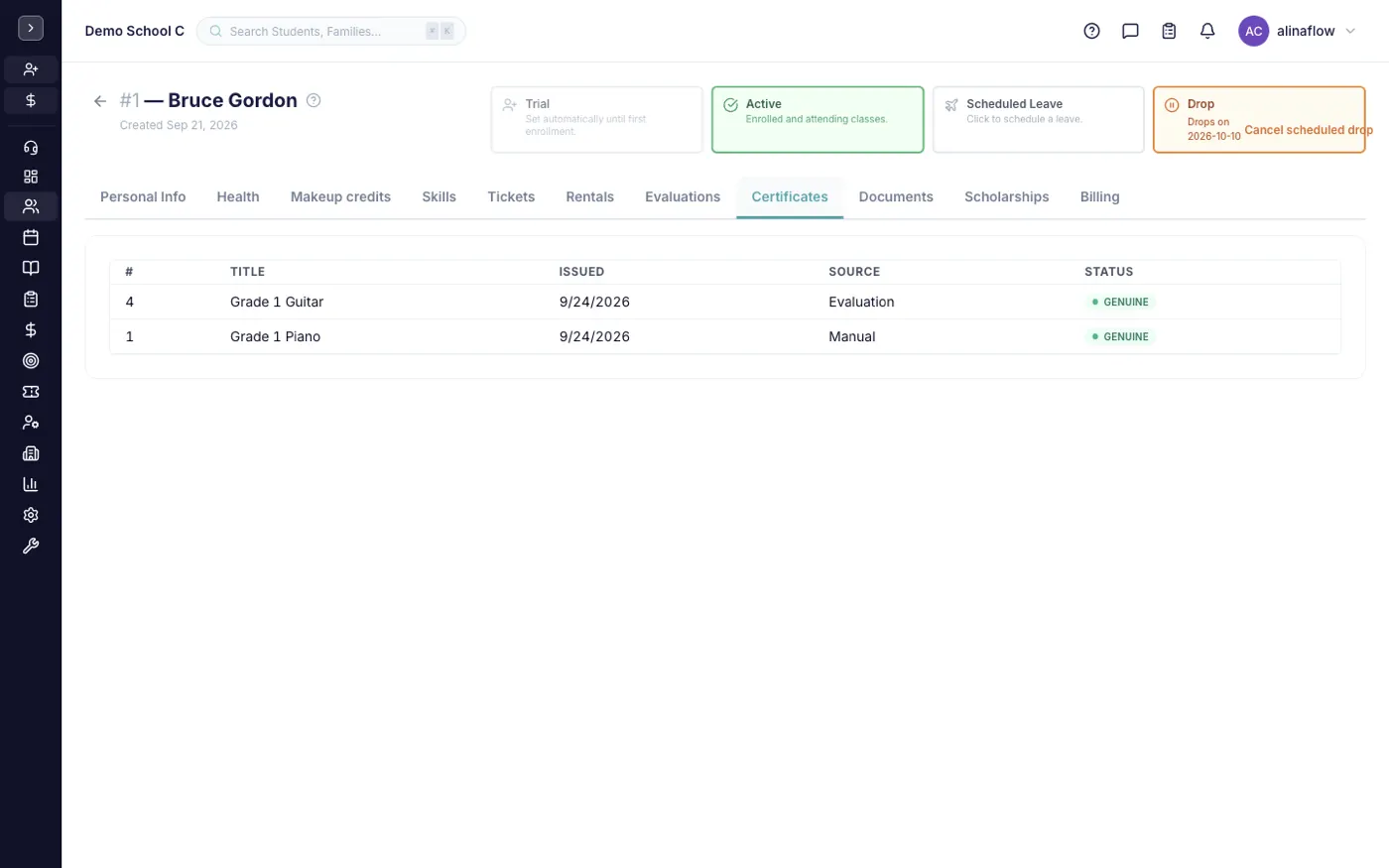 Certificates tab