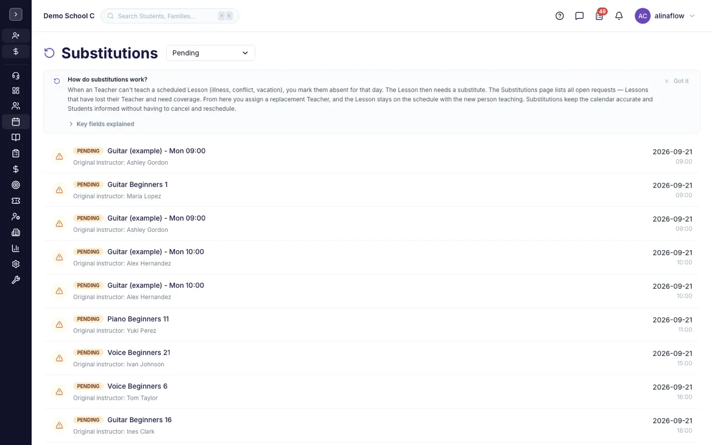 The Substitutions screen in alinaflow
