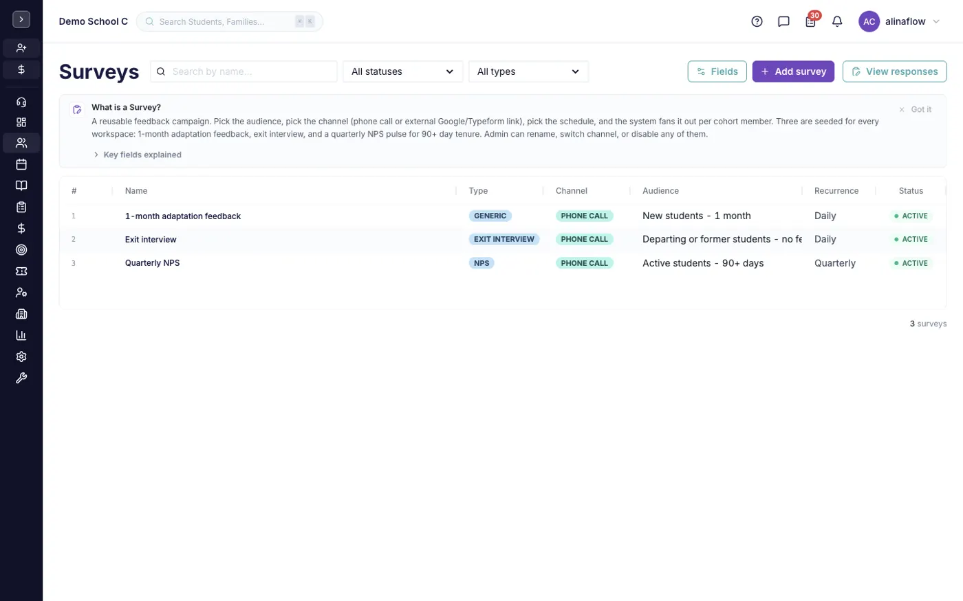 The Surveys screen in alinaflow