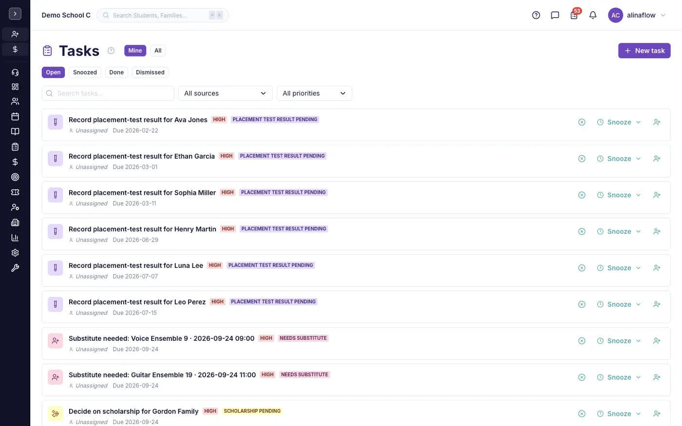 The Tasks & Reminders screen in alinaflow