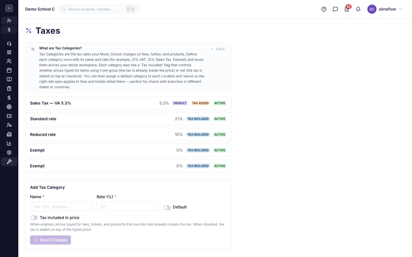 The Taxes screen in alinaflow