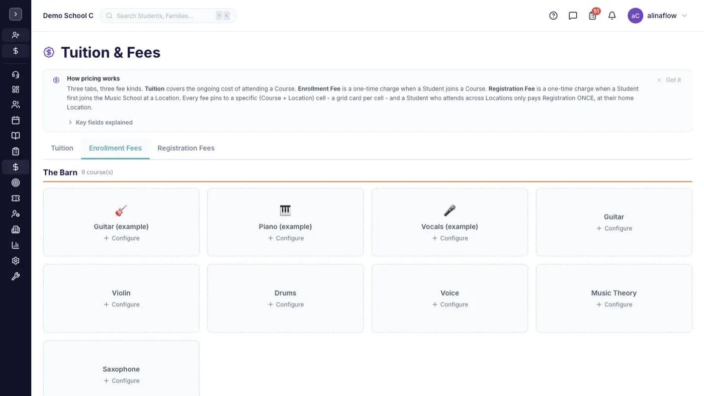 Enrollment Fees tab