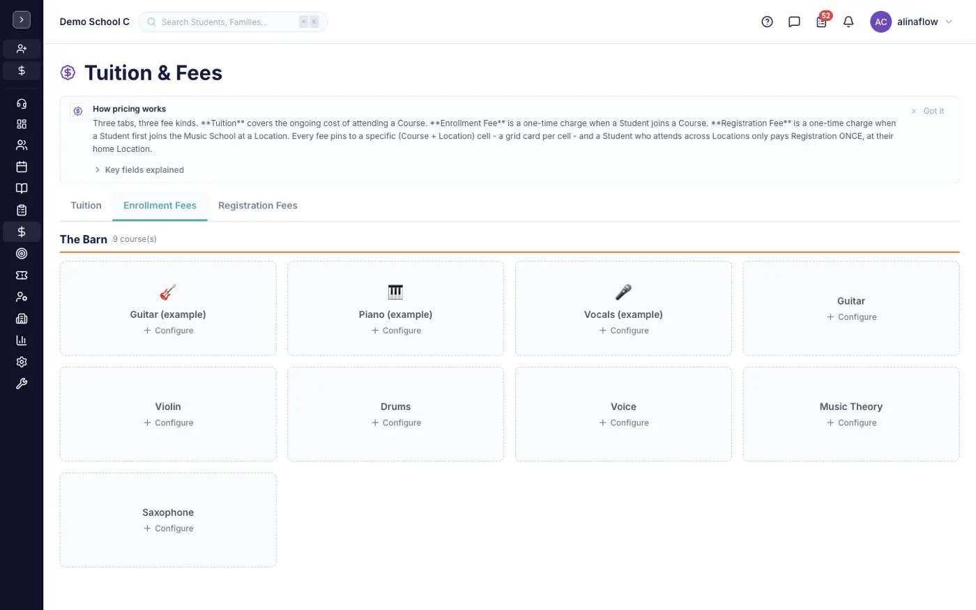 Enrollment fees tab