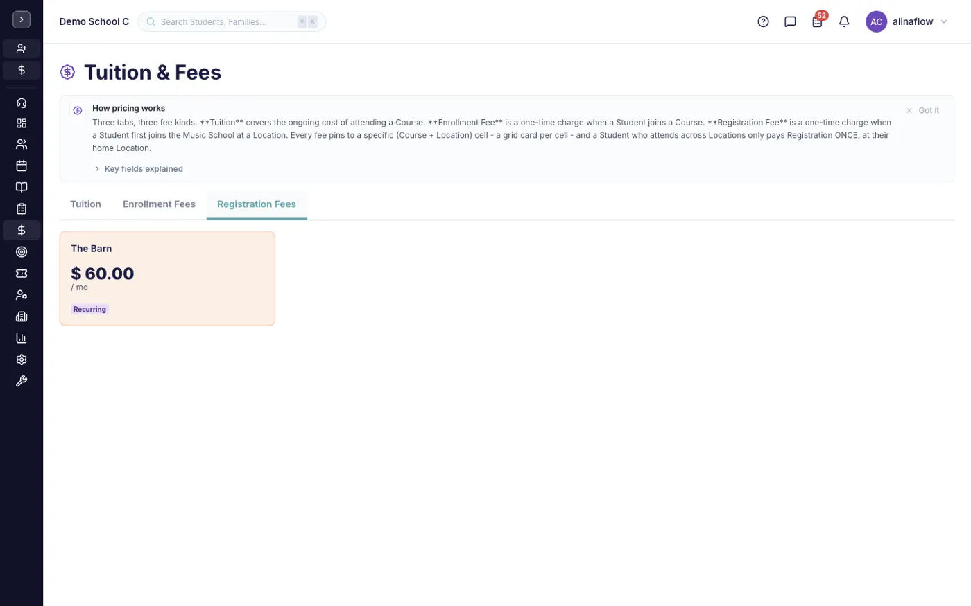 Registration fees tab