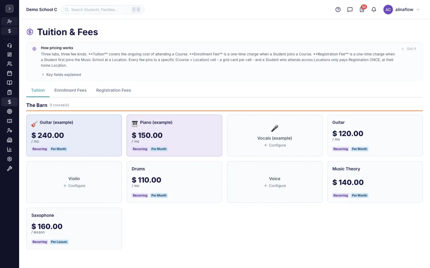 The new tuition or fee form