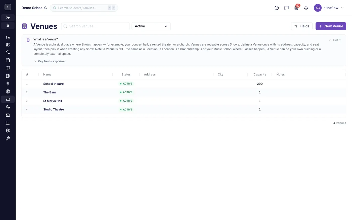 The Venues screen in alinaflow