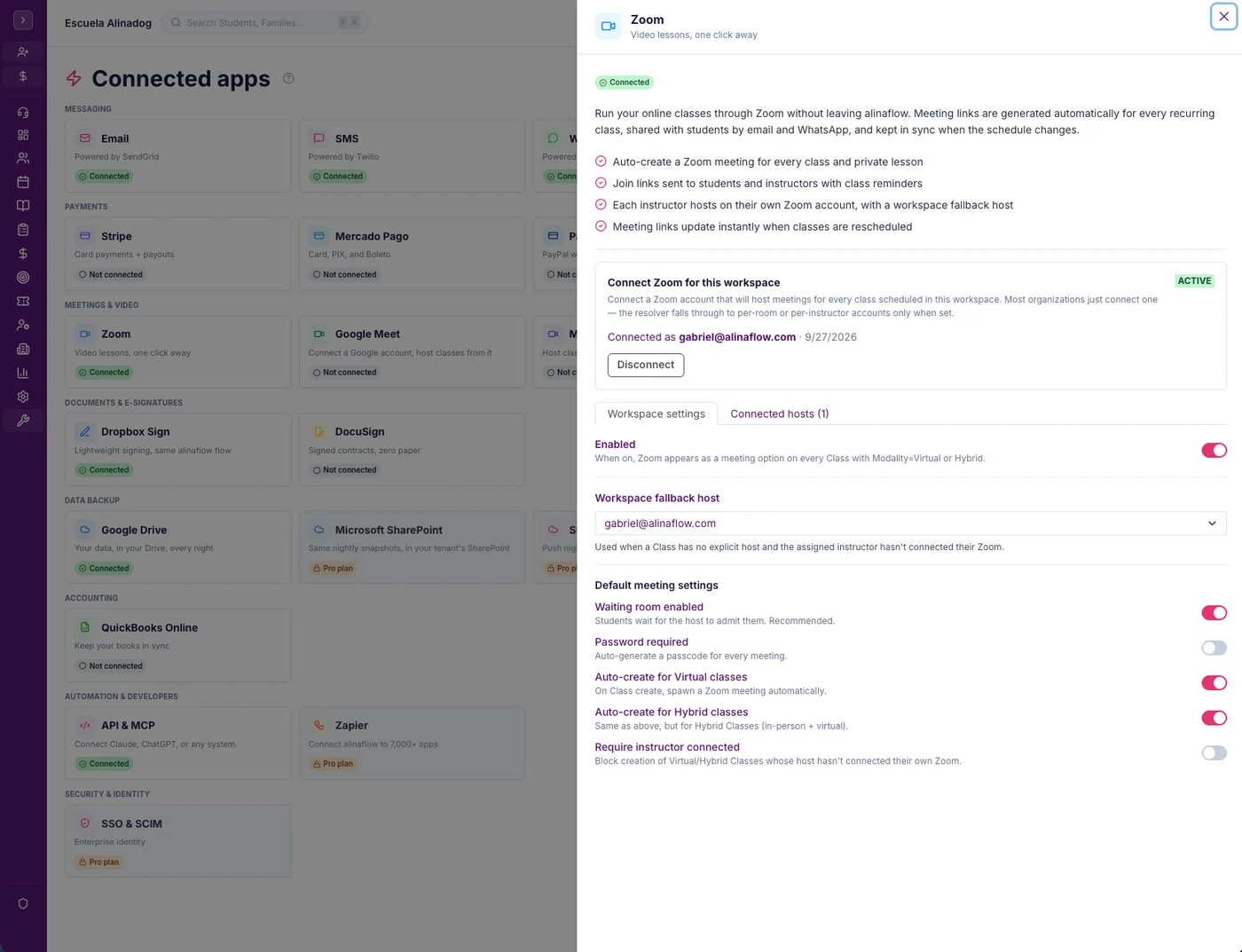 The Zoom, Google Meet, Microsoft Teams screen in alinaflow