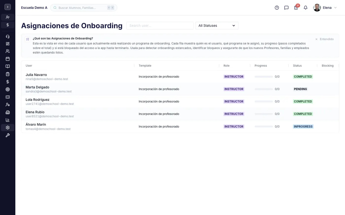 La pantalla Asignaciones de Onboarding en alinaflow