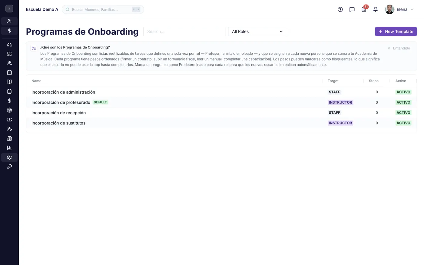 La pantalla Programas de Onboarding en alinaflow