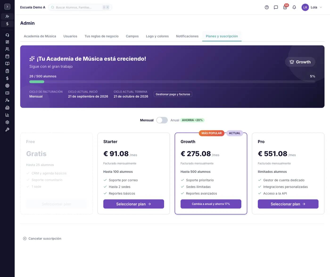 La pantalla Planes y suscripción en alinaflow