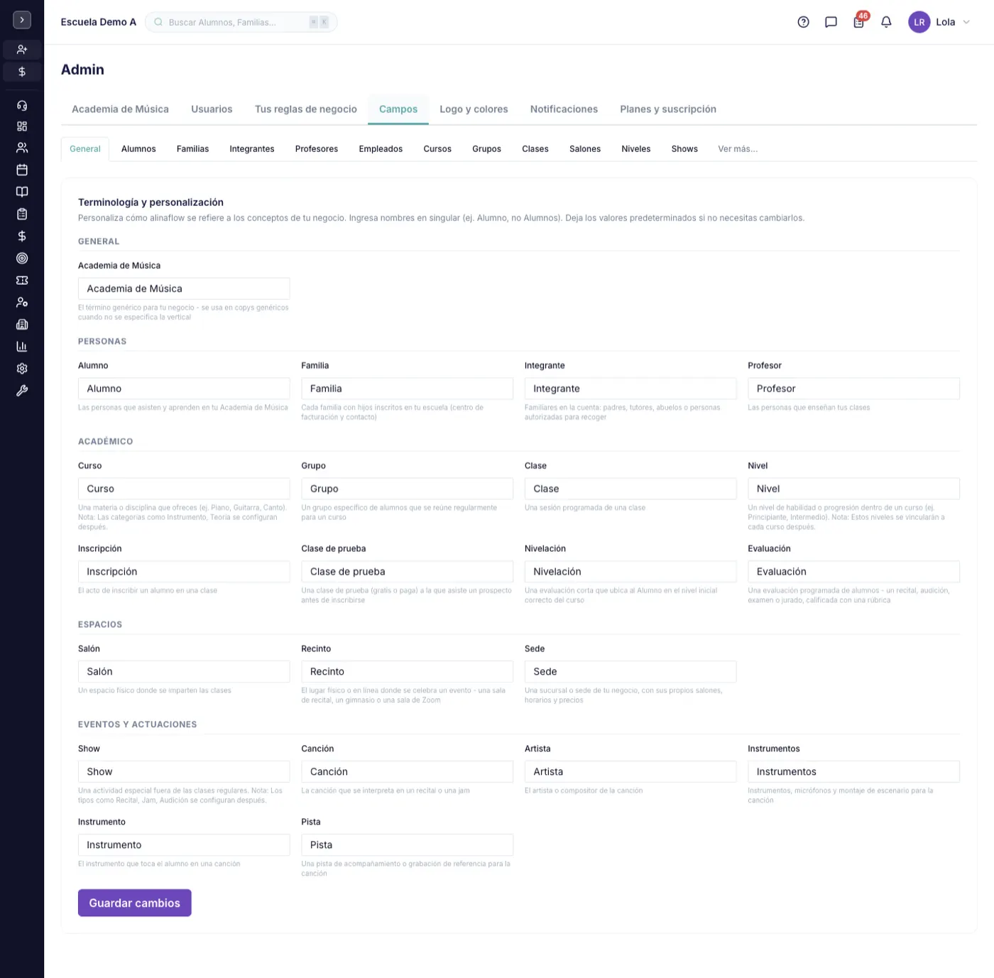 La pantalla Fields & terminology en alinaflow