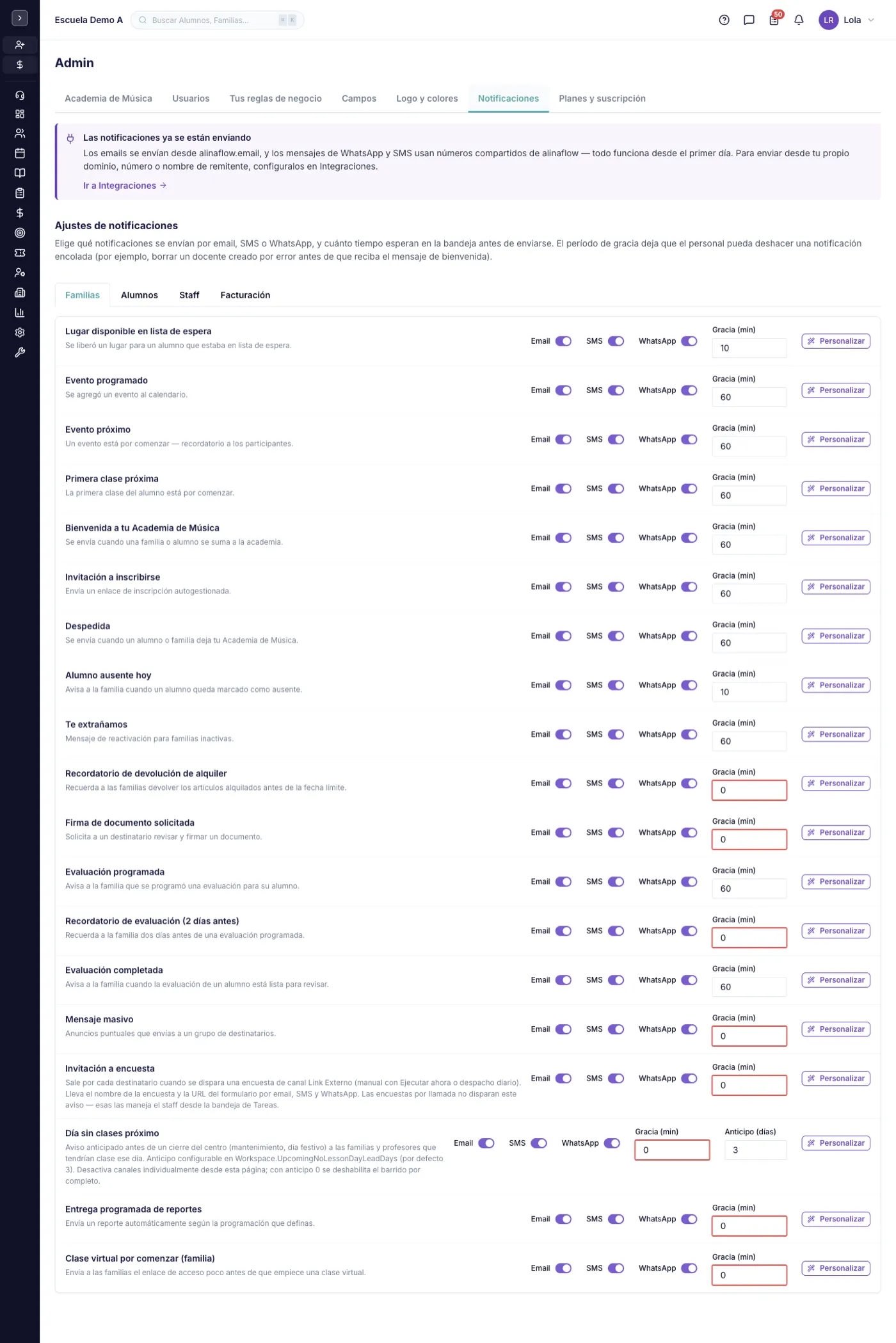 La pantalla Notificaciones en alinaflow
