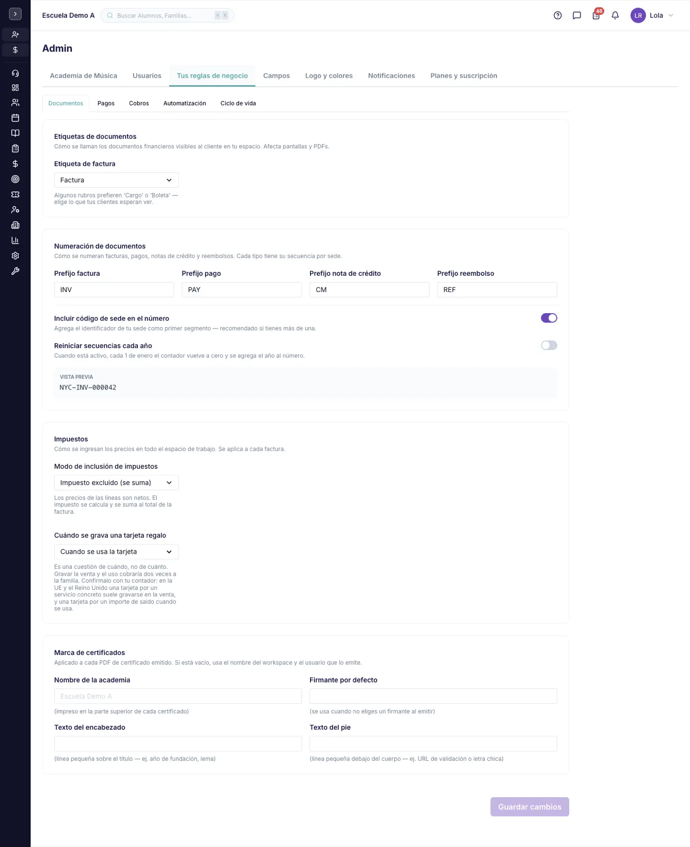 La pantalla Your business rules en alinaflow