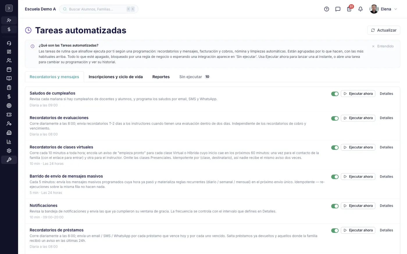 La pantalla Tareas Automatizadas en alinaflow