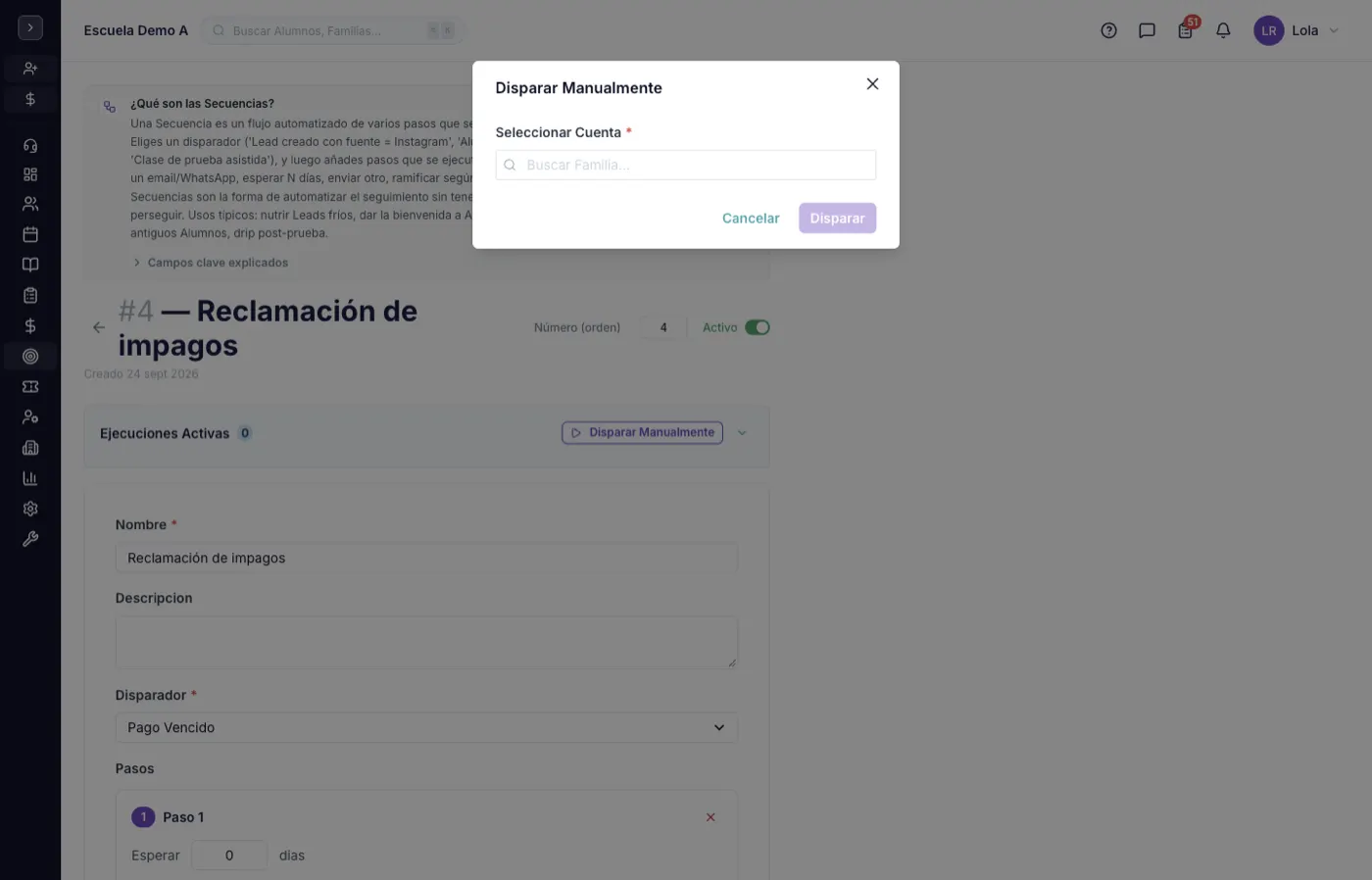 Pestaña Disparar Manualmente