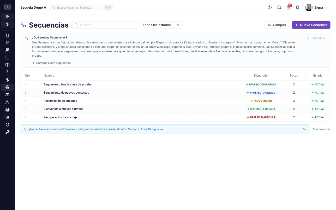 La pantalla Secuencias en alinaflow