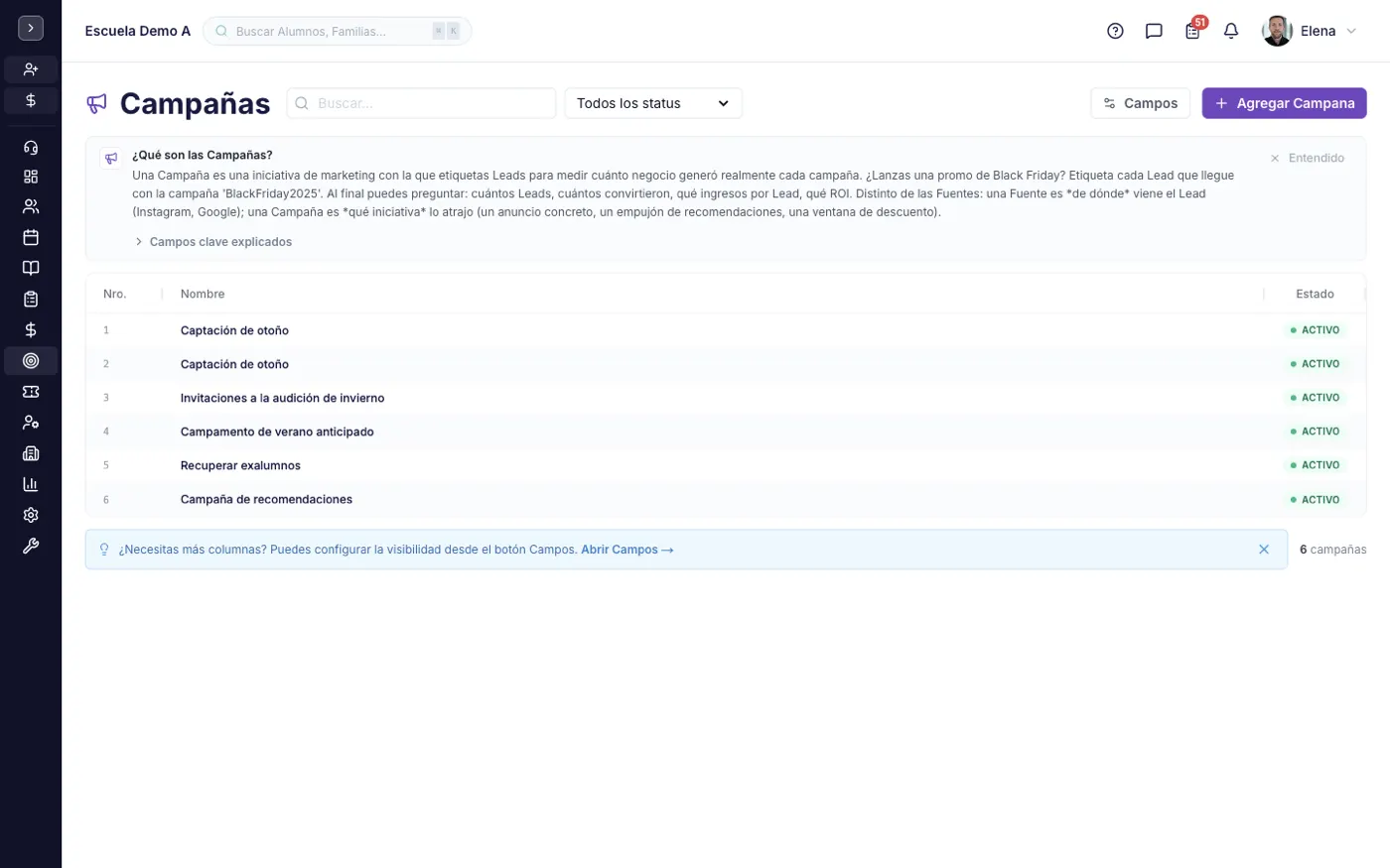 La pantalla Campañas en alinaflow