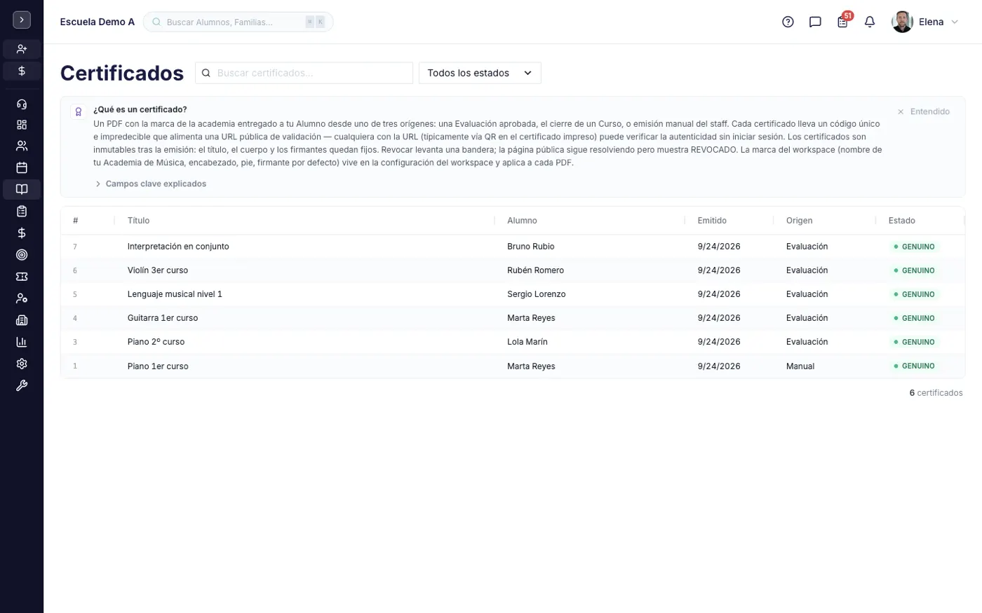 La pantalla Certificados en alinaflow