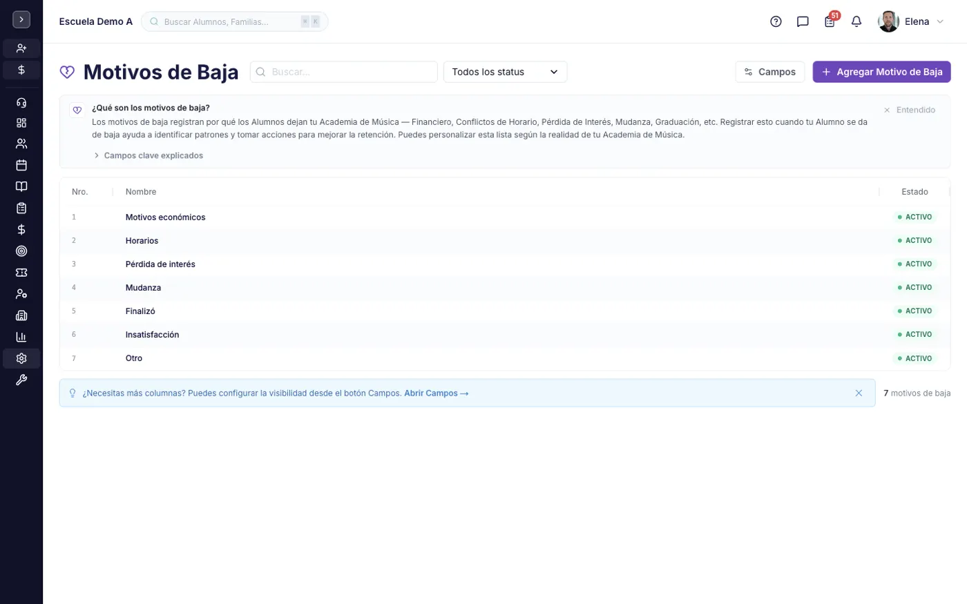 La pantalla Motivos de Baja en alinaflow