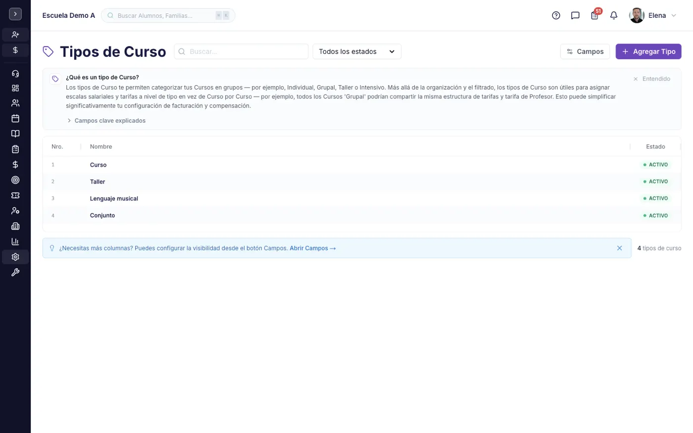 La pantalla Tipos de Curso en alinaflow