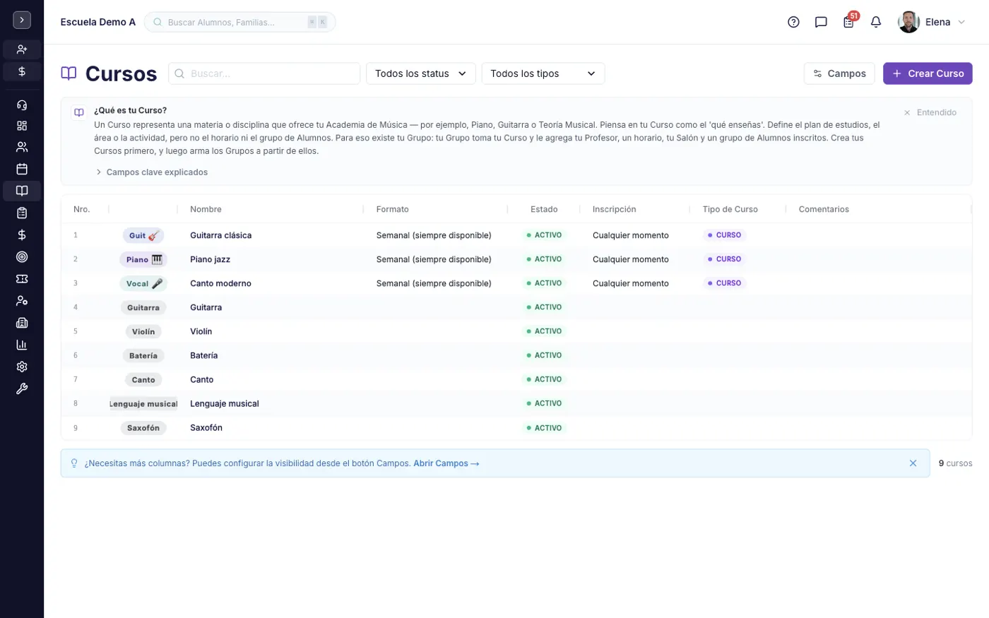 La pantalla Cursos en alinaflow