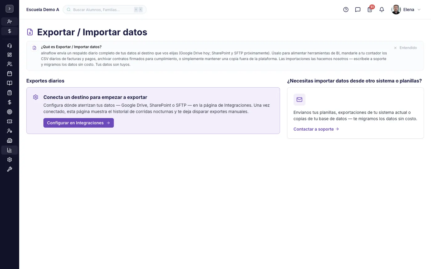La pantalla Exportar / Importar datos en alinaflow