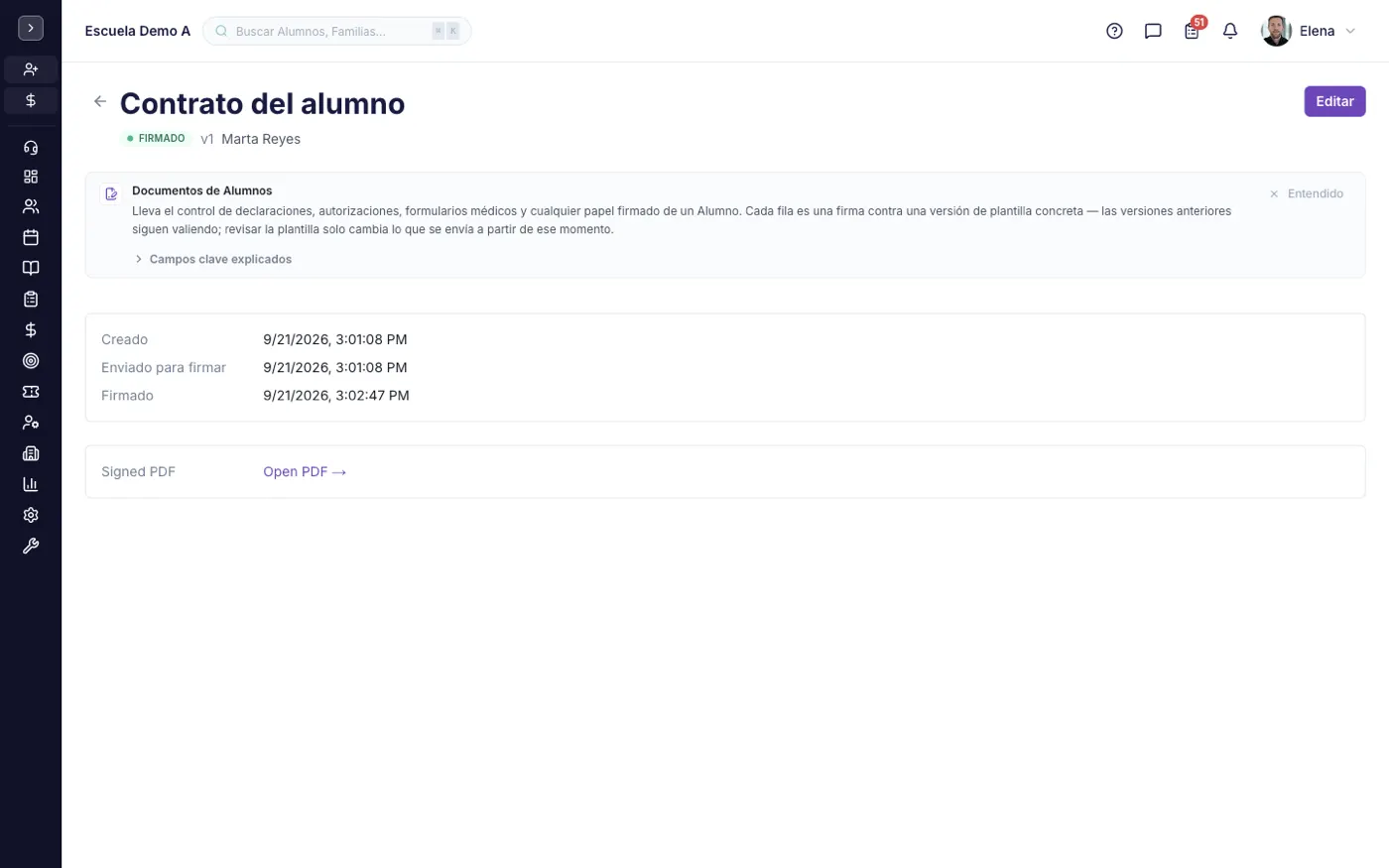 La pantalla Firmas de documentos en alinaflow