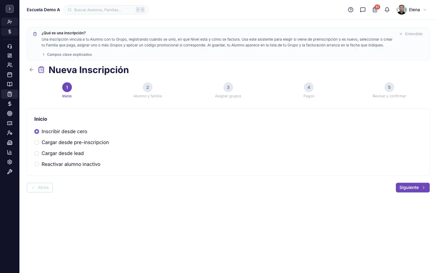 La pantalla Inscripciones en alinaflow