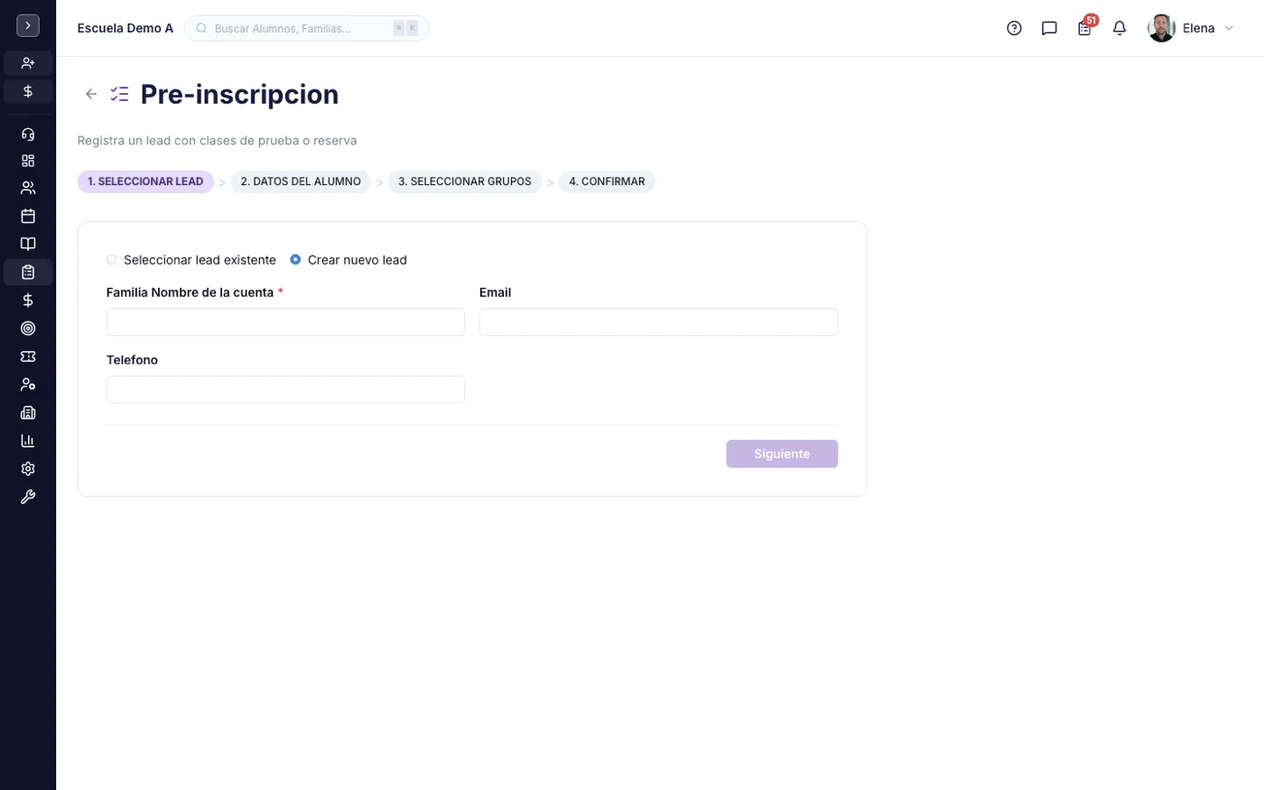 La pantalla Pre-inscripciones en alinaflow