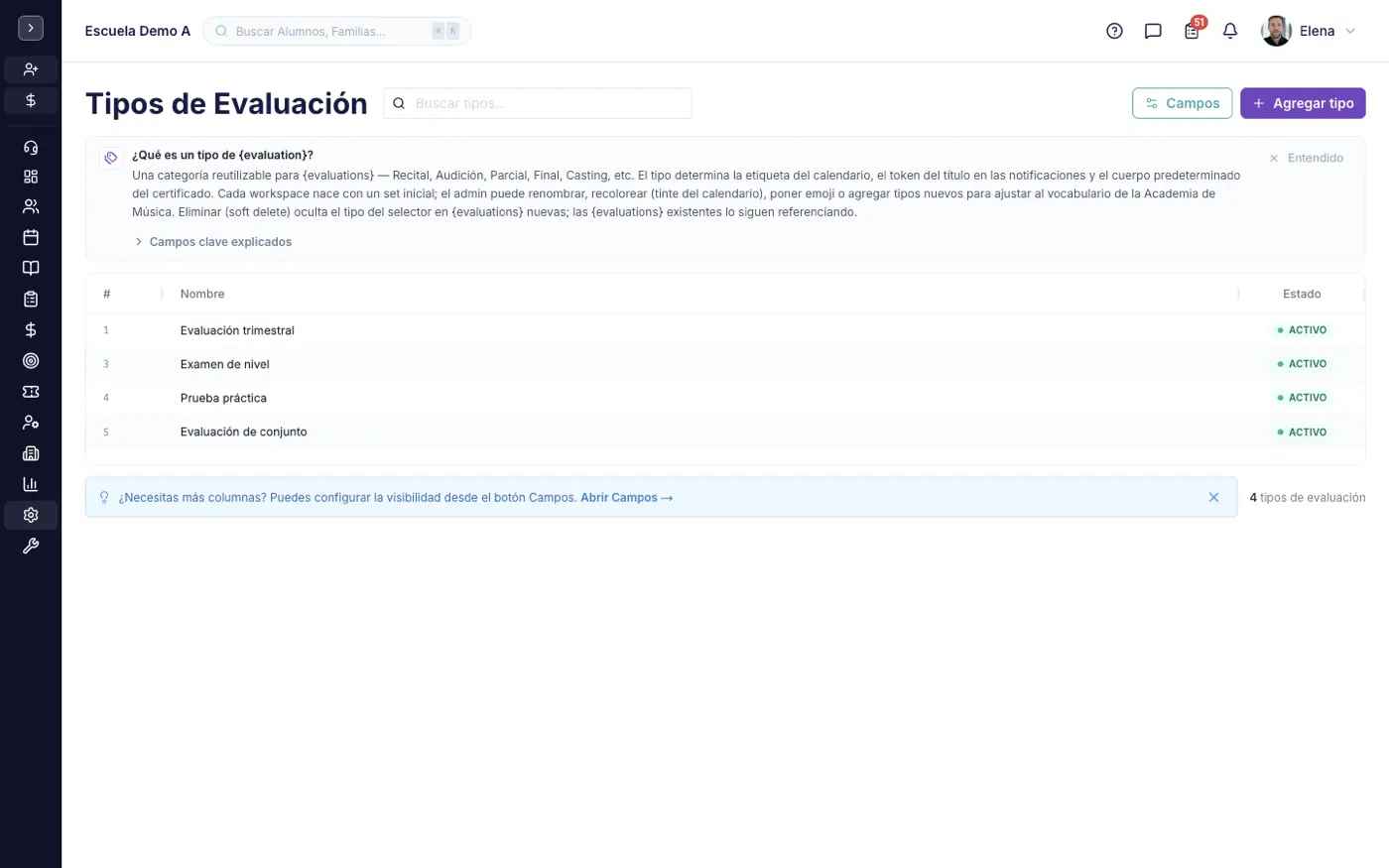 La pantalla Tipos de Evaluación en alinaflow